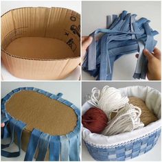 four pictures show different types of yarn in baskets, and the same one is made out of cardboard