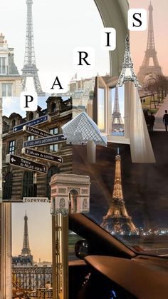 a collage of photos with the eiffel tower in the background and words paris on it