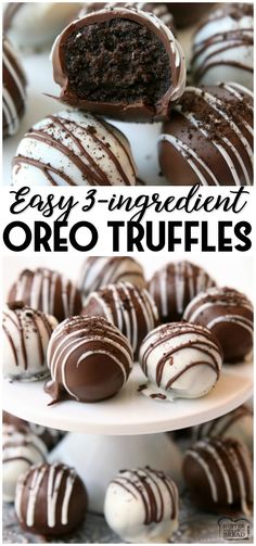 chocolate covered oreo balls are stacked on a white plate with the words easy 3 - ingredient