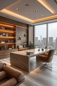 an office with a large desk and two brown chairs in front of a big window