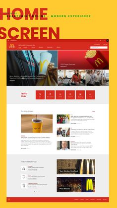 a yellow and red website design with the word'home screen'above it is an image of mcdonald's