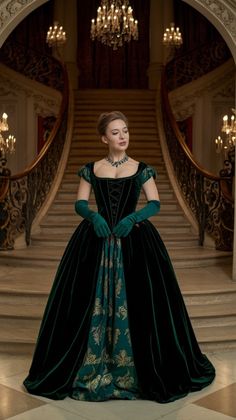 a woman in a green dress standing on stairs with her hands behind her back to the camera