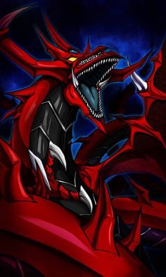 a red and black dragon with its mouth open in front of a dark blue background