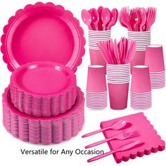 pink plastic tableware set with utensils and napkins