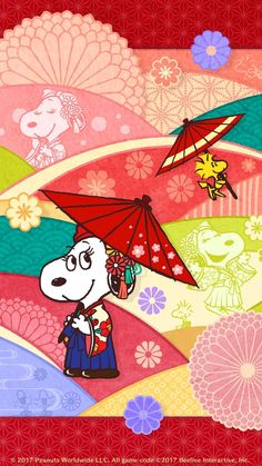 a cartoon dog holding an umbrella on top of a colorful background with flowers and clouds