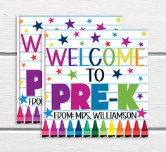 two personalized notebooks with colorful stars and the words welcome to prek