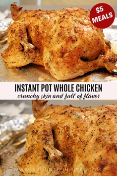 instant pot whole chicken on foil with text overlay