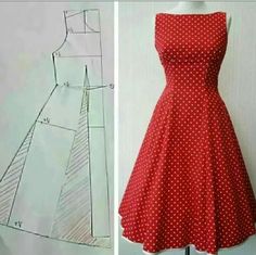 a red dress with white polka dots on it next to an image of the pattern