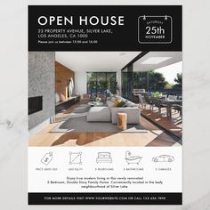 an open house flyer is shown with furniture and decor on the front, and in the back