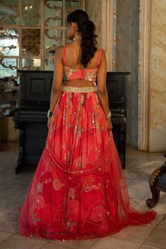 Cherry red lehenga featuring naksha and floral prints with mirror work on the waistbelt. Paired with a padded blouse and net embroidered dupatta with scalloped borders., Fit: Relaxed Red Georgette Lehenga, Paulmi And Harsh, Printed Lehenga, 1950’s Fashion, Georgette Lehenga, Dress And Jacket Set, Drape Saree, Red Lehenga, Lehenga Blouse