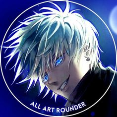 an anime character with white hair and blue eyes in front of a circular sign that says all art rounder