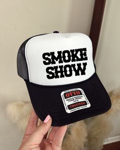 SMOKE SHOW TRUCKER HAT  - Our hats are lightweight and breathable to ensures a comfortable fit! - We do offer customs! If there is a different color you are looking for please reach out to us. * Made to Order Policy * Each and every one of our hats are made to order. Due to this we regret that refunds cannot be accepted  If you decide to cancel your order it needs to be before the item is shipped. Once the label is created we can not cancel the order. Breathable Black Bucket Hat, Hip Hop Style Outdoor Hat, Hip Hop 5-panel Hat, Novelty Trucker Hat Baseball Cap For Streetwear, Novelty Streetwear Trucker Hat, Novelty Snapback Trucker Hat For Streetwear, Hip Hop Trucker Hat With Letter Print For Outdoor, Hip Hop Hat With Short Brim For Outdoor, Trendy Trucker Hat With Short Brim For Outdoor