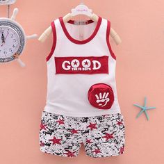 2PCS Fashion Sport Design Top and Pants - PrettyKid Red Playwear Sets For Summer, Red Playwear Sets For Spring, Red Summer Playwear Sets, Red Cotton Sets, Playful Red Summer Sets, Sleeveless Red Set For The Beach, Sleeveless Red Sets For Beach, Red Sleeveless Beach Set, Red Sleeveless Beachwear Sets