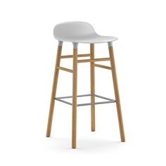 a white stool with wooden legs and a seat on the bottom, in front of a white background