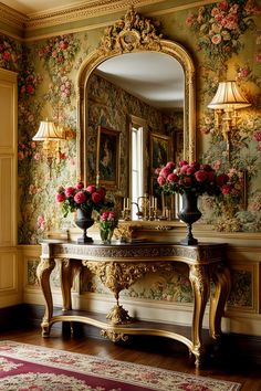 an ornate console with flowers in vases on it and a mirror over the sink