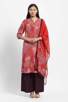 Red kurta with nature printed patterns. Comes with flared pant. - Aza Fashions Satya Paul, Red Kurta, Red Nature, Kurta Patterns, Pant Women, Pant For Women, Straight Kurta, Nature Prints, Aza Fashion