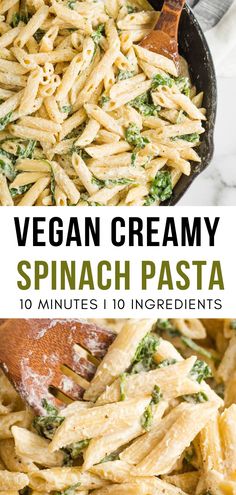 vegan creamy spinach pasta in a skillet