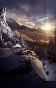 the sun is setting over a snowy mountain range with trees and mountains in the background