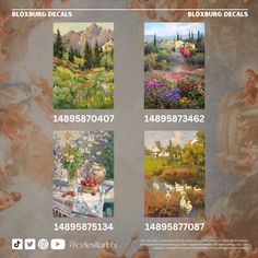 four pictures of flowers and trees in different colors, with the same painting on them