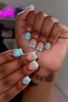 Baby Blue Nails, Blue Acrylic Nails, Simple Gel Nails, French Tip Acrylic Nails, French Acrylic Nails