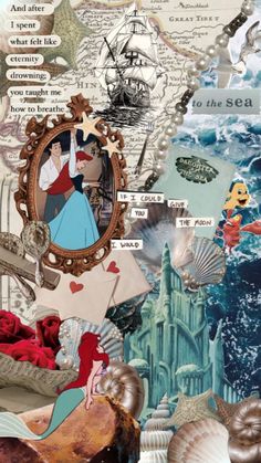 an altered collage of disney princesses and other things in the ocean, including seashells