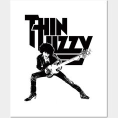 a black and white photo of an electric guitar player with the words thin fuzzy on it