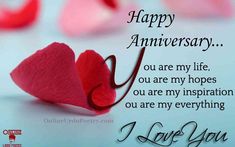 happy anniversary card with two red hearts on white paper and the words i love you