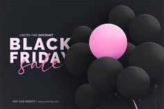 black friday sale banner with balloons and streamers on dark background, 3d rendering illustration