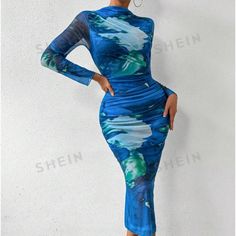 Stunning Bodycon Midi Dress In Blues And Greens. Back Zip, Fully Lined, Drape Neck. Excellent- Never Worn. Tagged Size Medium. Blue Knee-length Non-stretch Bodycon Dress, Blue Non-stretch Knee-length Bodycon Dress, Non-stretch Blue Knee-length Bodycon Dress, Non-stretch Knee-length Blue Bodycon Dress, Blue Fitted Long Sleeve Dress, Blue Fitted Asymmetrical Midi Dress, Fitted Blue Long Sleeve Dress, Light Blue Long Sleeve Bodycon Dress For Summer, Blue Sheath Midi Dress For Spring