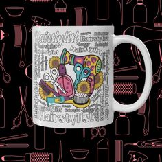 a coffee mug with scissors and other items on it