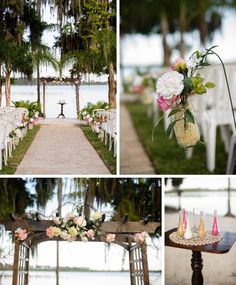 the wedding ceremony is decorated with white chairs and pink flowers