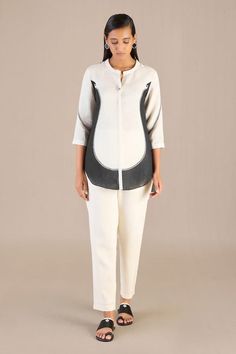 Black, ivory colorblock shirt with paisley print. Paired with pant. - Aza Fashions White Cotton Sets For Workwear, Elegant Cotton Pant Set For Work, White Casual Pant Set For Work, Casual White Pant Set For Work, Chic White Relaxed Fit Sets, Colorblock Shirt, Mandarin Collar Shirt, Black Pure, Pant Set For Women