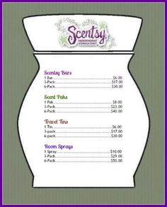 a menu with the words sconty written in purple and green on it's side