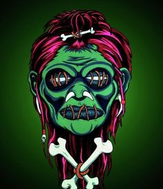 a drawing of a zombie with red hair and green eyes