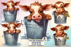 three baby cows are sitting in buckets with their mouths open and one is sticking its head out