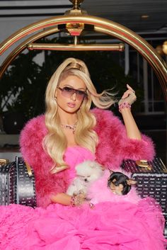 a woman in a pink dress and fur coat sitting on a chair holding a small dog