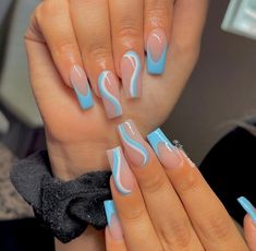 Blue Poly Gel Nails Design, Bday Nails For 13, Nails To Go With A Light Blue Dress, Light Blue Nails Birthday, Simple White And Blue Nails, White And Blue Acrylics, Lanzarote Nails, 17 Birthday Nails Ideas, Nice Acrylic Nails