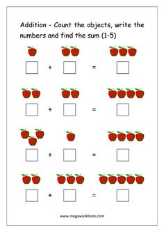 an addition worksheet with apples and squares to help students learn how to count the numbers