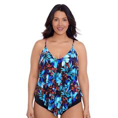 Splish and splash in style with this women's Trimshaper Ruffled Tankini swim top.Click on this WOMEN'S GUIDE to find the perfect fit and more! Splish and splash in style with this women's Trimshaper Ruffled Tankini swim top.Click on this WOMEN'S GUIDE to find the perfect fit and more! FEATURES V-neck Adjustable straps Sculps, smooths and supports Soft, wireless bra cups Moderate coverage LinedFABRIC & CARE Nylon, polyester, spandex Lining: Polyester Hand wash Imported Size: 10. Color: Nocturnal Fitted Tropical Print Tankini For Pool, Fitted Tops For Poolside Vacation, Printed Beachwear Tops For Pool, Beachwear Tropical Print Tops For Pool, Tropical Tops For Pool Vacation, Tropical Beach Tops For Pool Season, Tropical Style Tops For Pool Vacation, Tropical Pool Tops For Vacation, Tropical Vacation Pool Tops