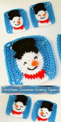 crocheted snowman granny square is shown in three different stages, including the top and bottom