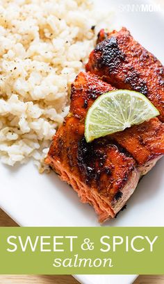 a plate with rice, meat and lime on it that says sweet & spicy salmon