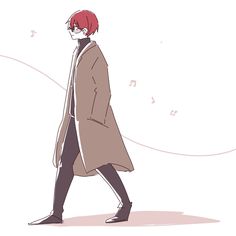 a man with red hair and glasses walking down the street in front of music notes