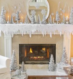 a living room filled with furniture and a fire place covered in white frosting next to a christmas tree