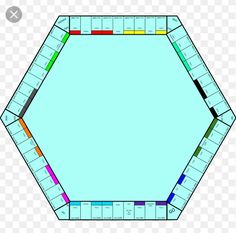 a hexagonal board with different colors and numbers on the sides, including one color