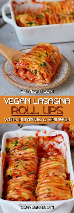 an image of vegan lasagna rolls with hummus and spinach in a casserole dish