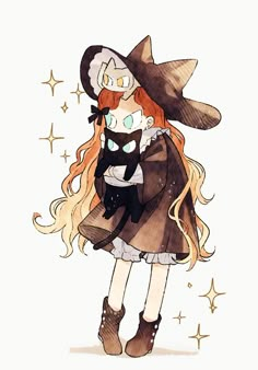 a drawing of a girl with long hair wearing a witches hat and holding a cat