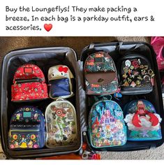 two suitcases filled with different types of backpacks