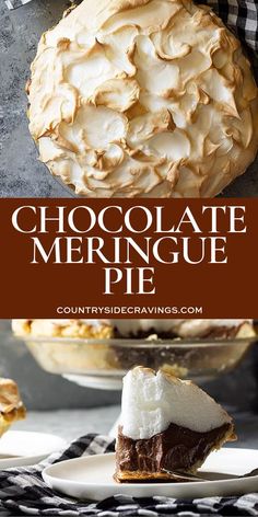 chocolate meringue pie on a white plate with the title above it in brown and white