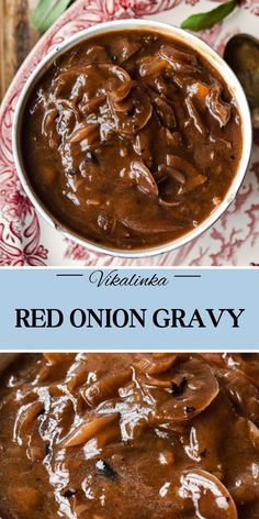 red onion gravy in a white bowl with spoons