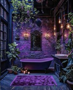 a purple bath tub sitting in the middle of a bathroom